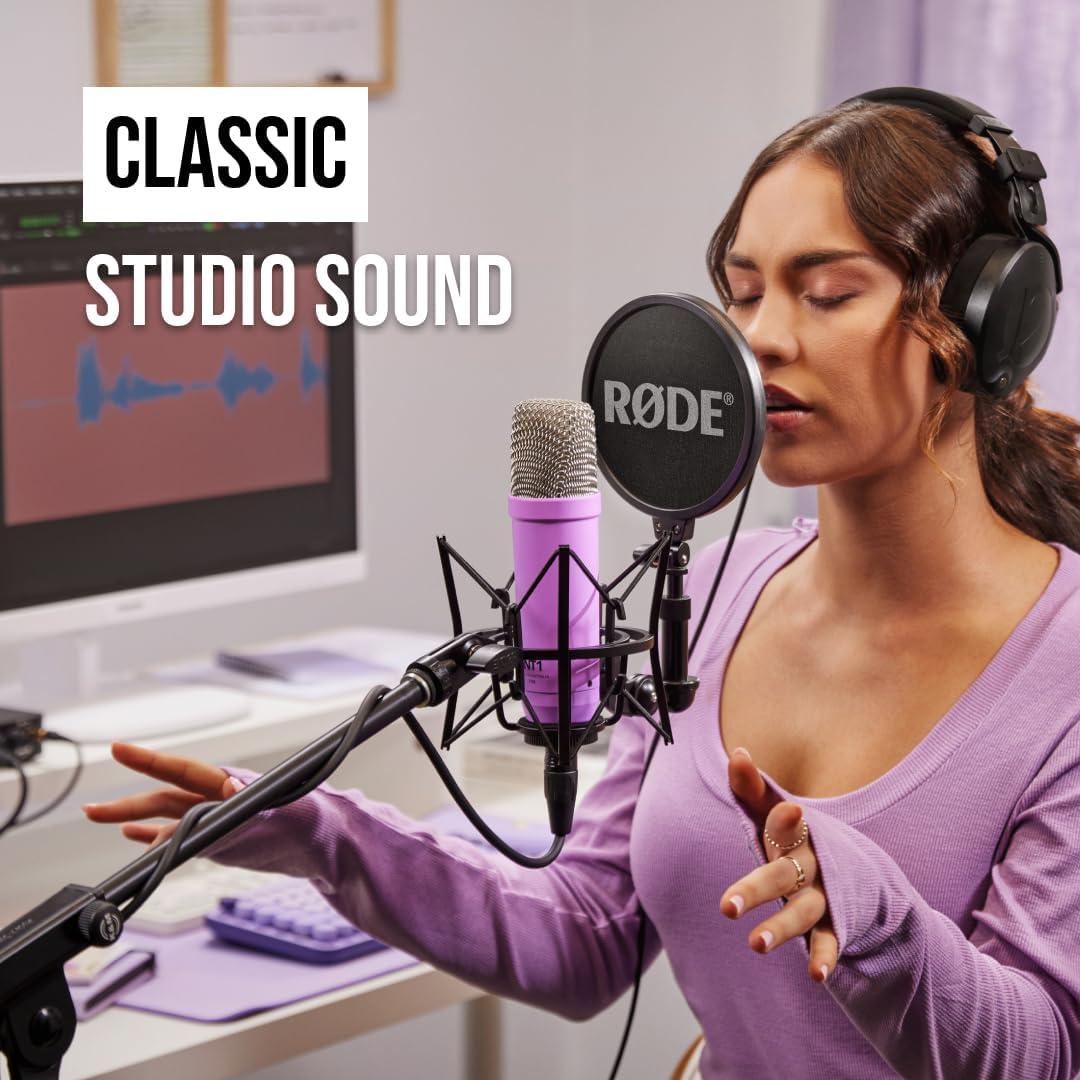 imageRDE NT1 Signature Series LargeDiaphragm Condenser Microphone with Shock Mount Pop Filter and XLR Cable for Music Production Vocal Recording Streaming and Podcasting GreenPurple