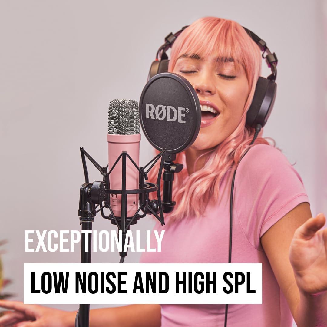 imageRDE NT1 Signature Series LargeDiaphragm Condenser Microphone with Shock Mount Pop Filter and XLR Cable for Music Production Vocal Recording Streaming and Podcasting GreenPink